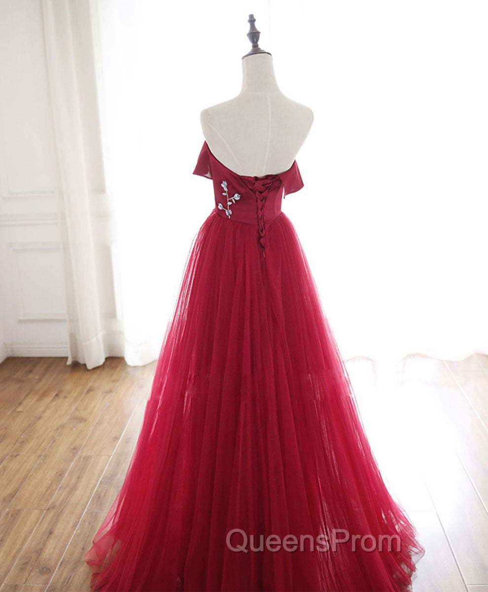 Burgundy Tulle Long Evening Prom Dress, A line Burgundy Evening Party Dress