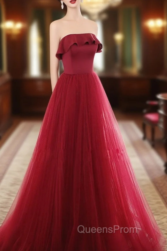 Burgundy Tulle Long Evening Prom Dress, A line Burgundy Evening Party Dress