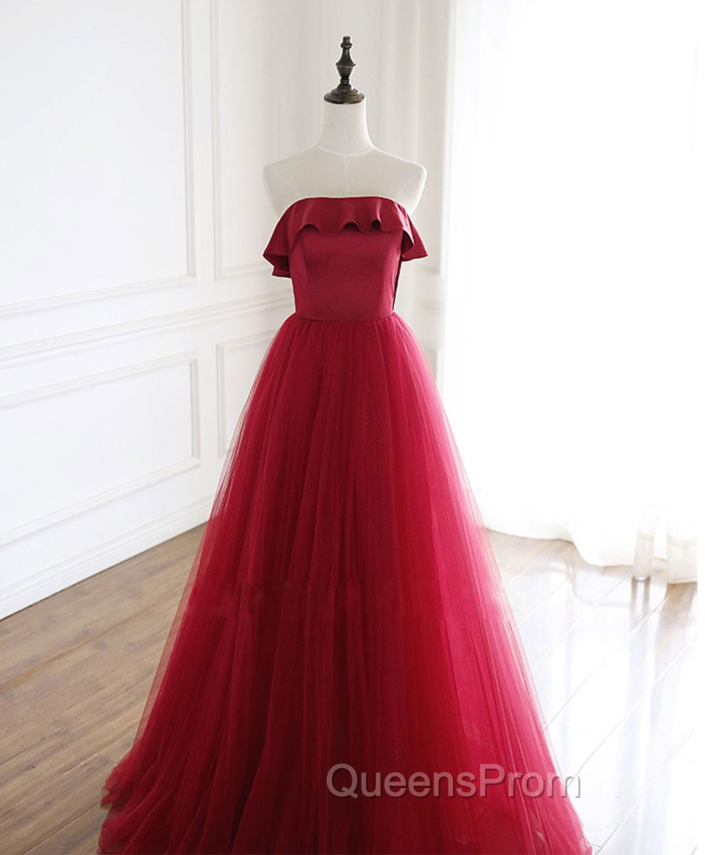 Burgundy Tulle Long Evening Prom Dress, A line Burgundy Evening Party Dress Main image