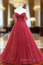 Burgundy Tulle Long Evening Prom Dress, Burgundy Evening Dress