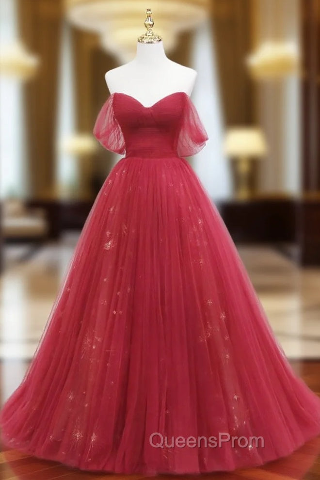 Burgundy Tulle Long Evening Prom Dress, Burgundy Evening Dress