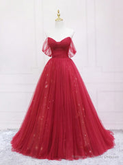 Burgundy Tulle Long Prom Dress, Burgundy Evening Dress