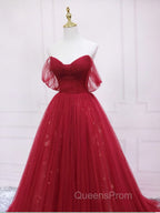 Burgundy Tulle Long Evening Prom Dress, Burgundy Evening Dress