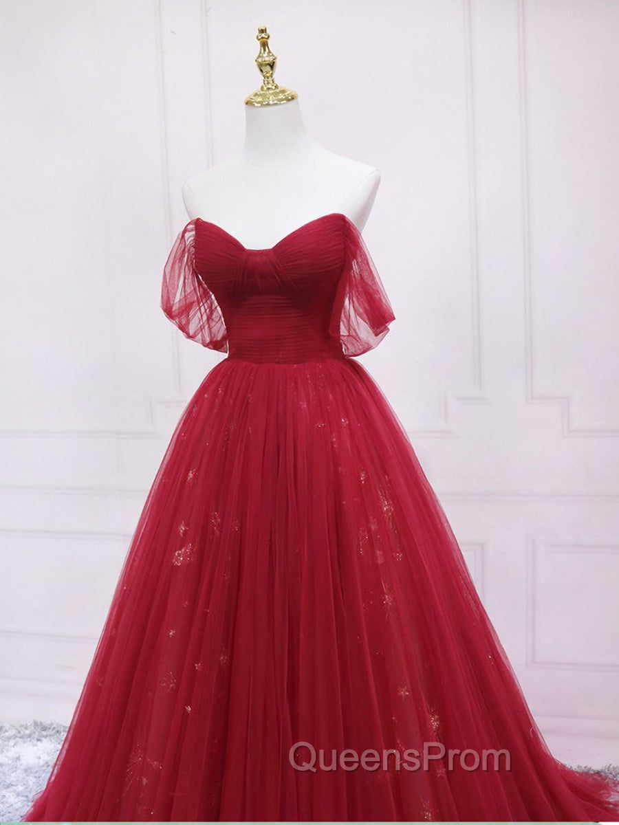 Burgundy Tulle Long Evening Prom Dress, Burgundy Evening Dress