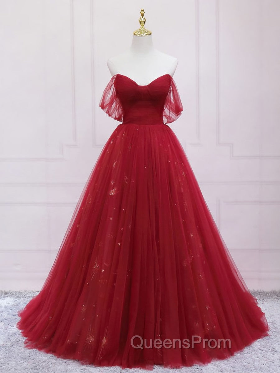 Burgundy Tulle Long Evening Prom Dress, Burgundy Evening Dress