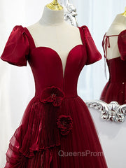 Burgundy Tulle Long Evening Prom Dress, Burgundy Tulle Evening Dress