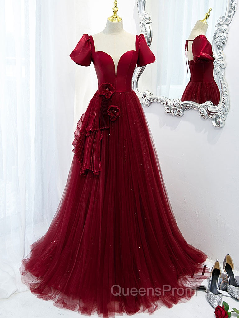 Burgundy Tulle Long Evening Prom Dress, Burgundy Tulle Evening Dress Main image