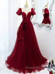 Burgundy Tulle Long Evening Prom Dress, Burgundy Tulle Evening Dress