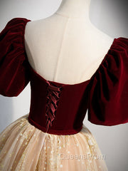 Burgundy Tulle Long Evening Prom Dress, Burgundy Tulle Evening Dress