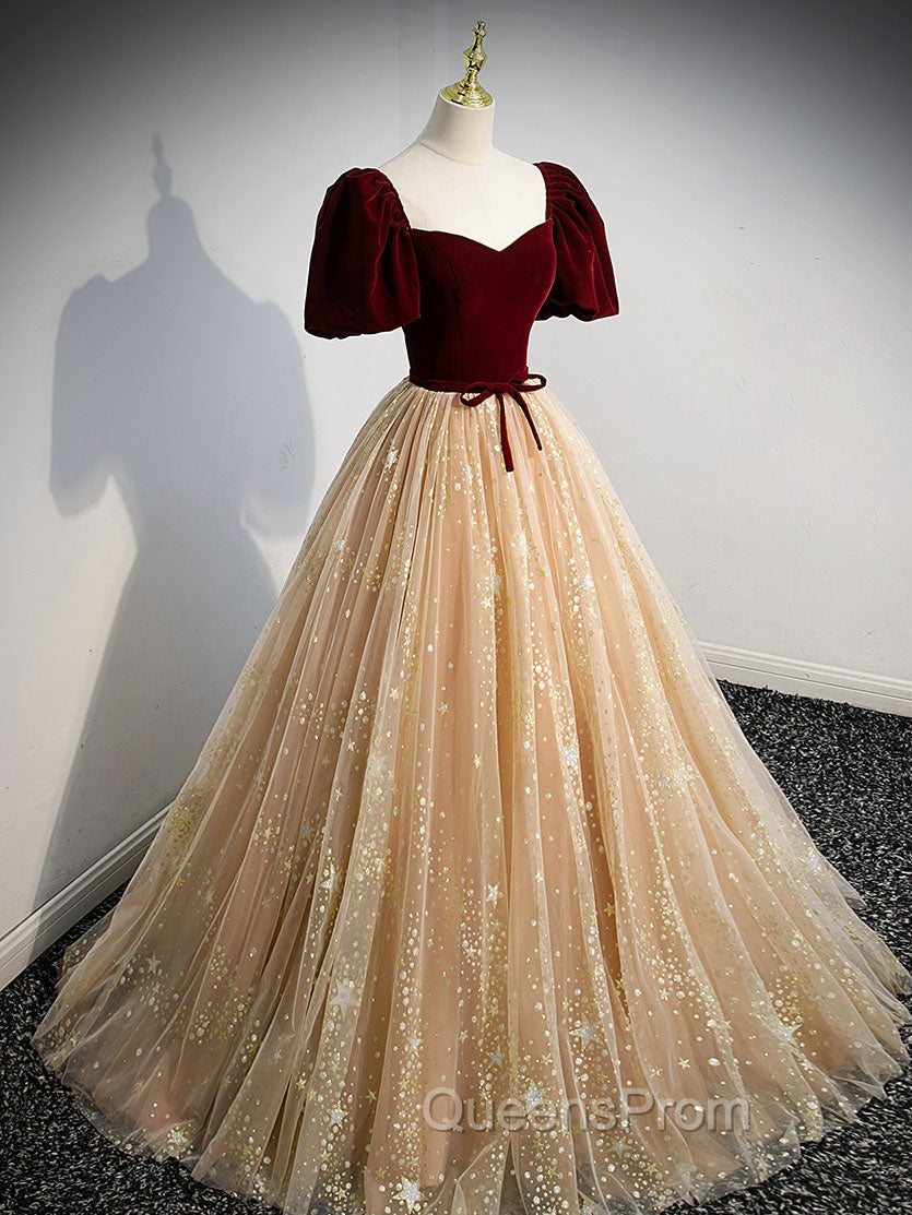 Burgundy Tulle Long Evening Prom Dress, Burgundy Tulle Evening Dress
