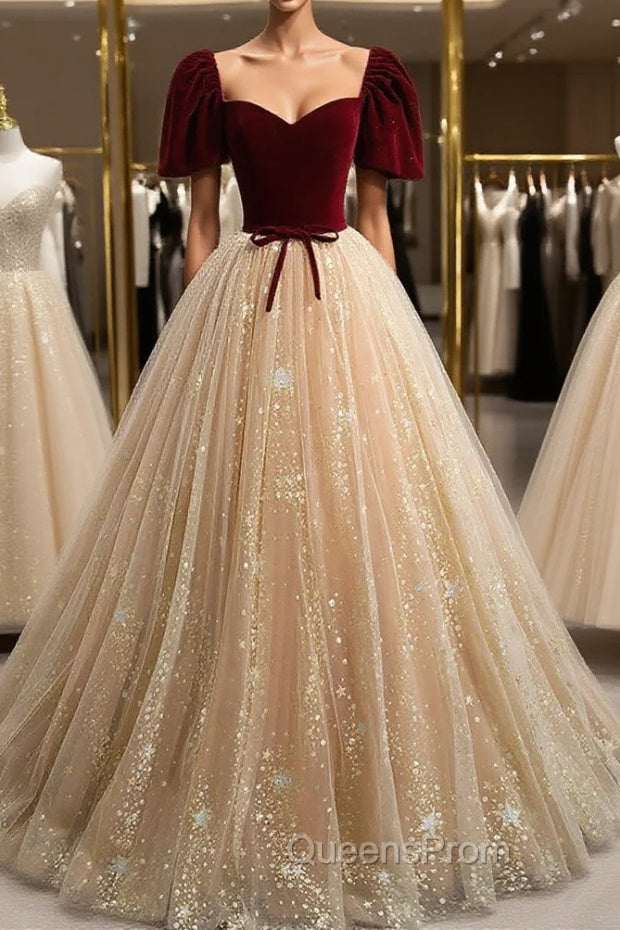 Burgundy Tulle Long Evening Prom Dress, Burgundy Tulle Evening Dress Main image