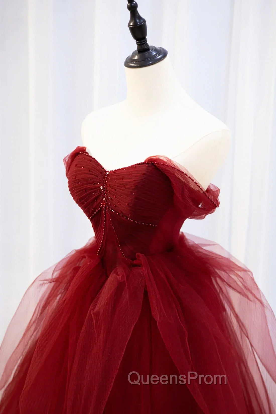 Burgundy Tulle Long Evening Prom Dress with Beaded, Burgundy Off Shoulder Evening Dress Secondary image