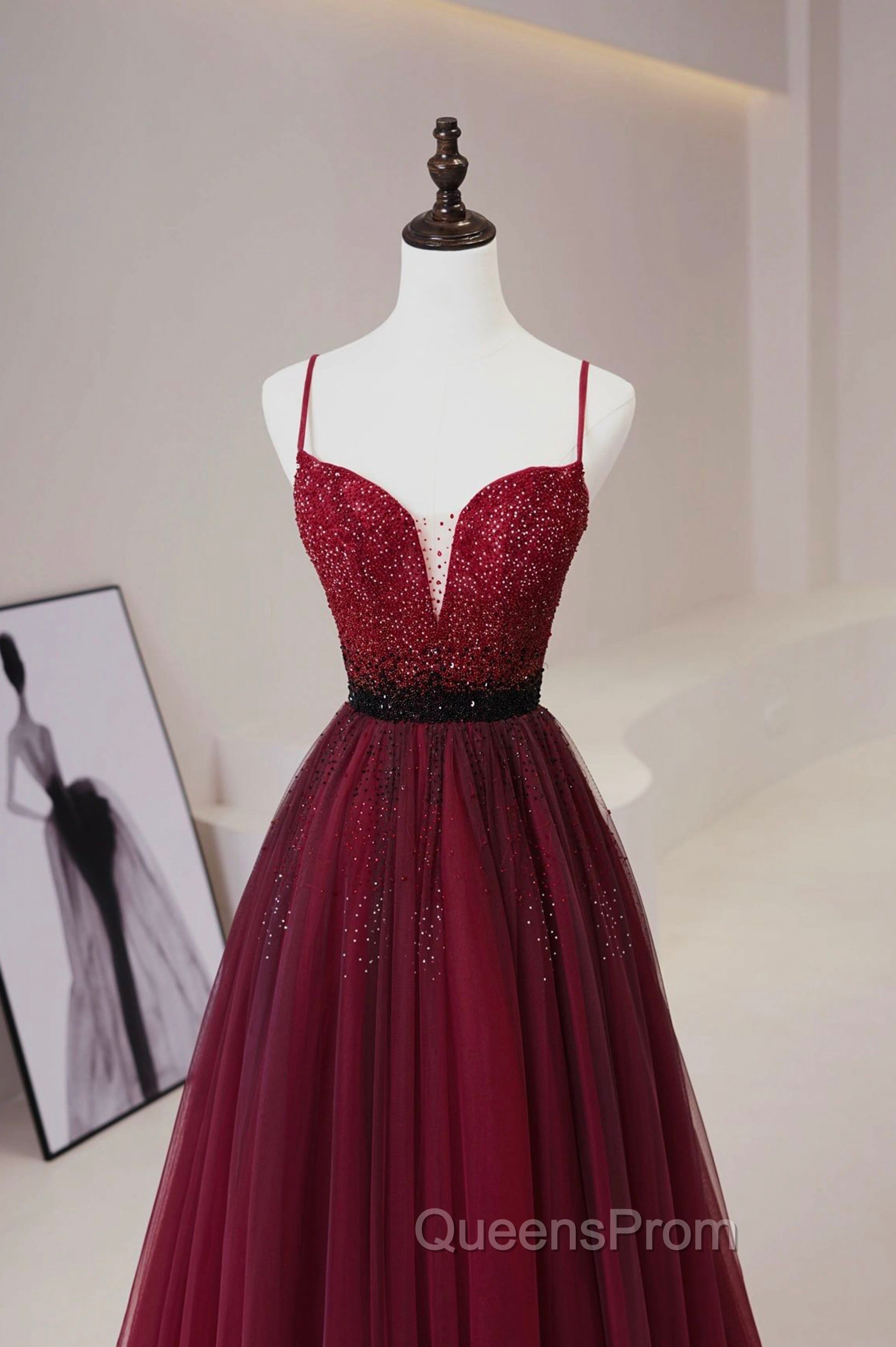 Burgundy Tulle Long Evening Prom Dress with Beaded, Spaghetti Straps Evening Dress Secondary image