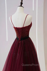 Burgundy Tulle Long Evening Prom Dress with Beaded, Spaghetti Straps Evening Dress