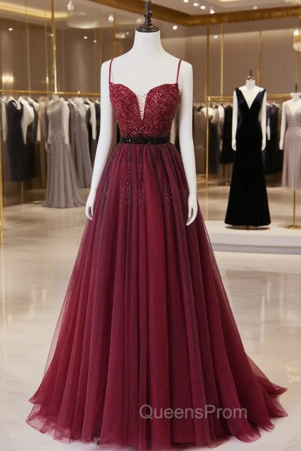 Burgundy Tulle Long Evening Prom Dress with Beaded, Spaghetti Straps Evening Dress Main image