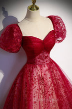 Burgundy Tulle Long Evening Prom Dress with Sequins, A-Line Short Sleeve Evening Dress