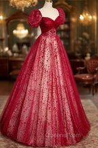 Burgundy Tulle Long Evening Prom Dress with Sequins, A-Line Short Sleeve Evening Dress