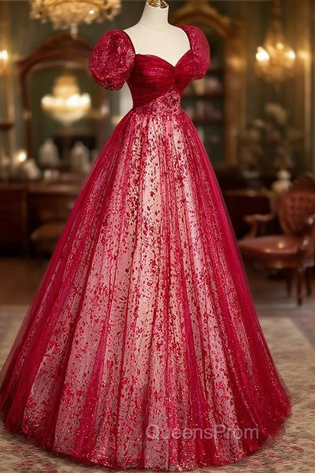 Burgundy Tulle Long Evening Prom Dress with Sequins, A-Line Short Sleeve Evening Dress
