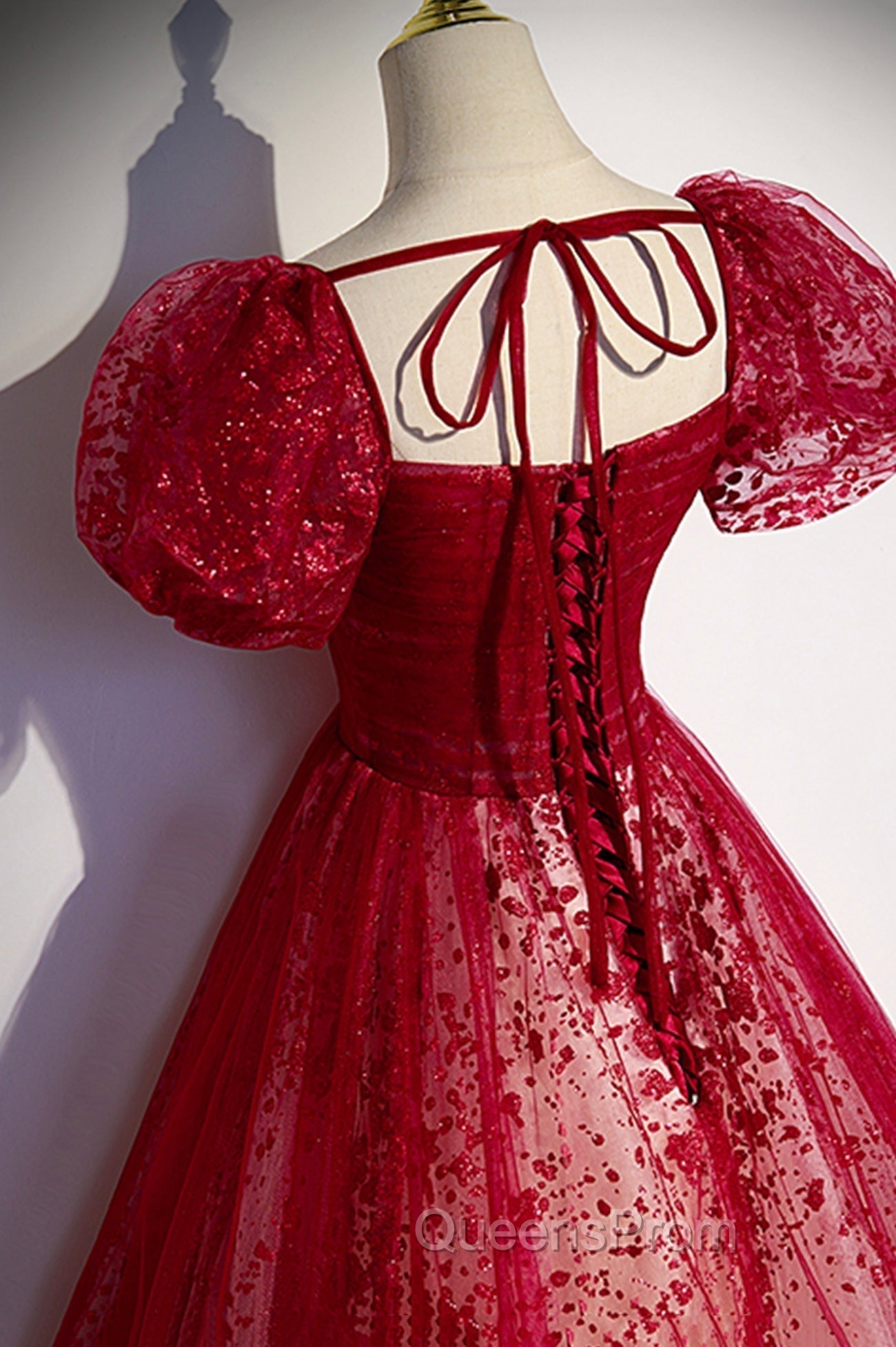 Burgundy Tulle Long Evening Prom Dress with Sequins, A-Line Short Sleeve Evening Dress
