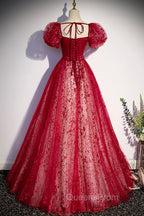 Burgundy Tulle Long Evening Prom Dress with Sequins, A-Line Short Sleeve Evening Dress
