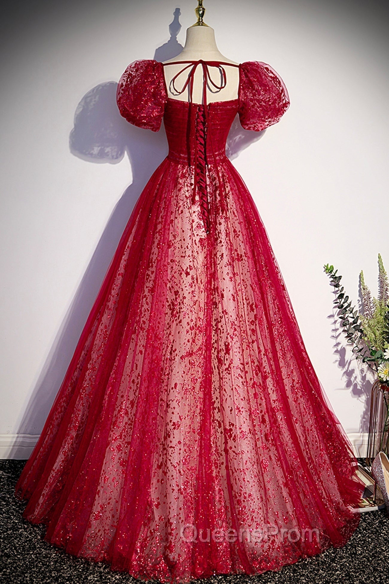 Burgundy Tulle Long Evening Prom Dress with Sequins, A-Line Short Sleeve Evening Dress