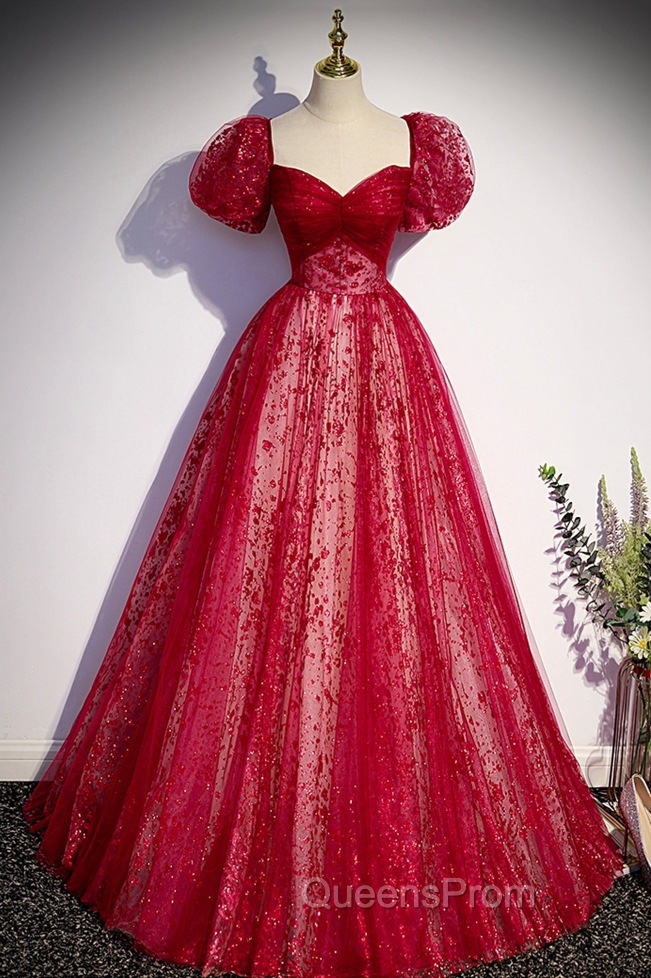 Burgundy Tulle Long Evening Prom Dress with Sequins, A-Line Short Sleeve Evening Dress Main image