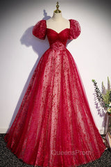 Burgundy Tulle Long Evening Prom Dress with Sequins, A-Line Short Sleeve Evening Dress