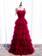 Burgundy Tulle Long Classy Prom Dress, Burgundy Classy Graduation Dress