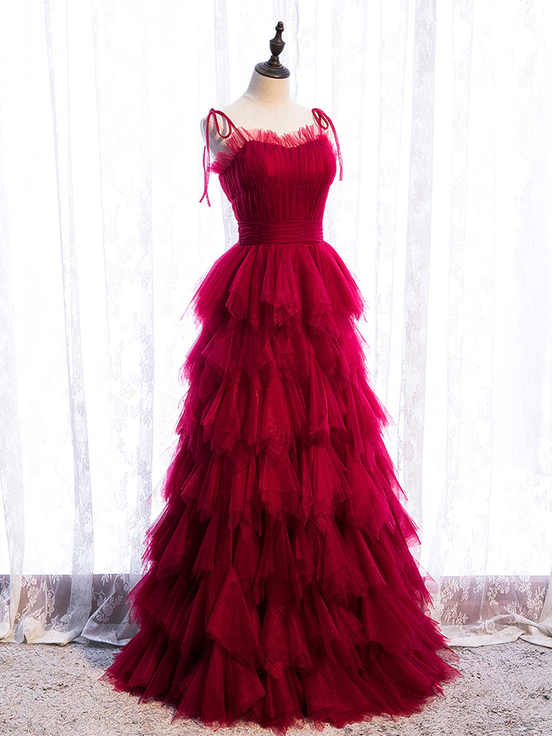 Burgundy Tulle Long Classy Prom Dress, Burgundy Classy Graduation Dress