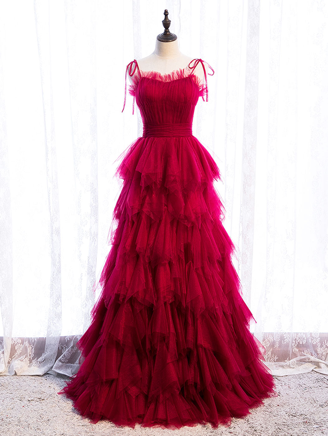 Burgundy Tulle Long Classy Prom Dress, Burgundy Classy Graduation Dress Main image