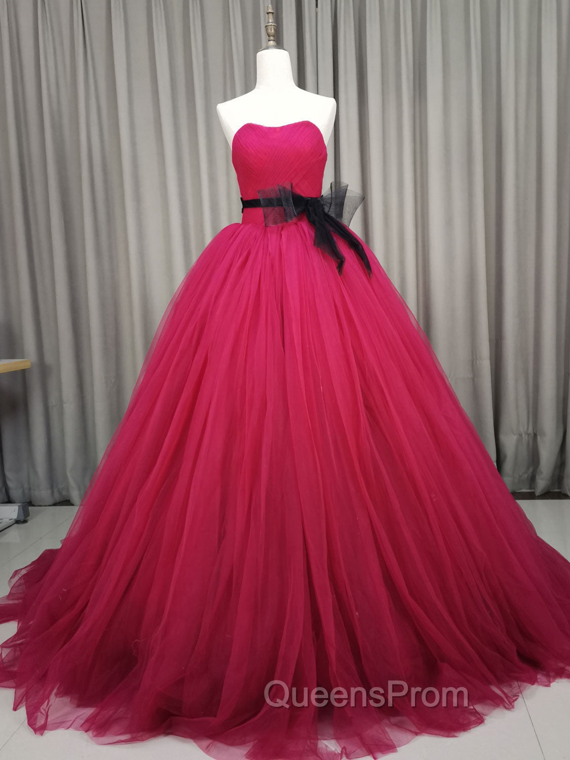 Burgundy Tulle Long Evening Prom Gown, Burgundy Tulle Sweet 16 Dress Main image