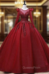 Burgundy Tulle Long Sleeve Beading Quinceanera Dress