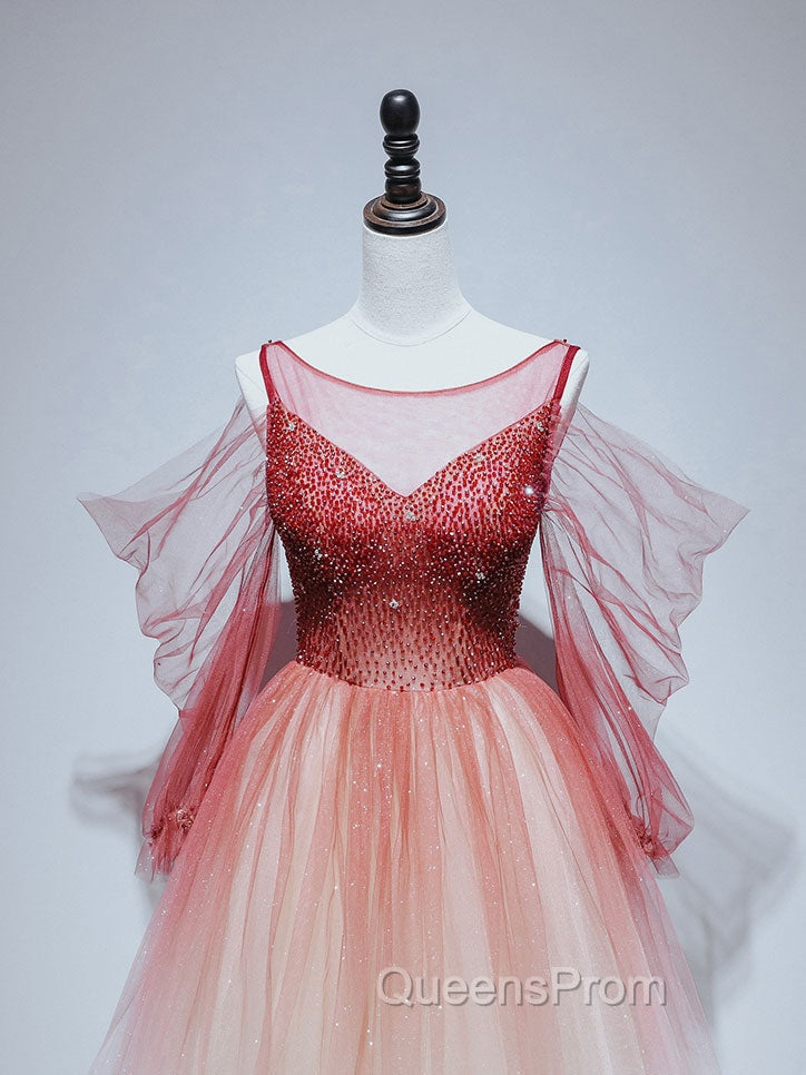 Burgundy Tulle Off Shoulder Beads Long Evening Prom Dress, Burgundy Evening Dress
