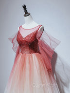 Burgundy Tulle Off Shoulder Beads Long Evening Prom Dress, Burgundy Evening Dress