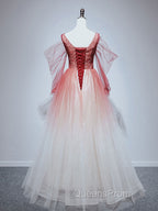 Burgundy Tulle Off Shoulder Beads Long Evening Prom Dress, Burgundy Evening Dress