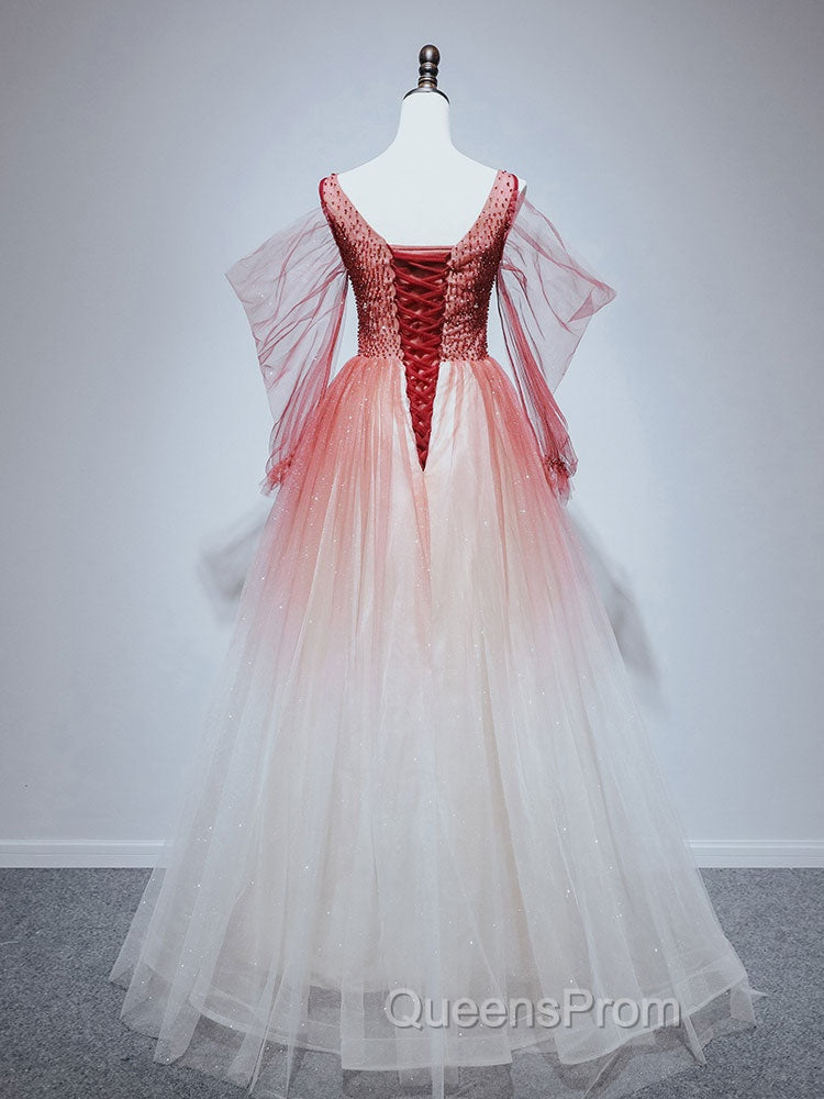 Burgundy Tulle Off Shoulder Beads Long Evening Prom Dress, Burgundy Evening Dress