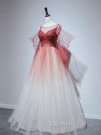 Burgundy Tulle Off Shoulder Beads Long Evening Prom Dress, Burgundy Evening Dress