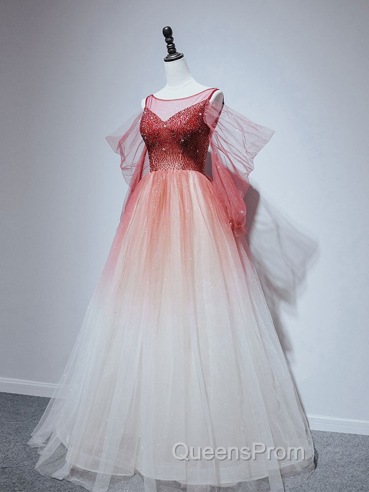 Burgundy Tulle Off Shoulder Beads Long Evening Prom Dress, Burgundy Evening Dress