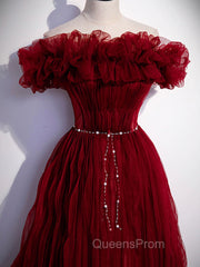 Burgundy Tulle Off Shoulder Long Evening Prom Dress, Burgundy Evening Dress