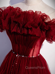 Burgundy Tulle Off Shoulder Long Evening Prom Dress, Burgundy Evening Dress