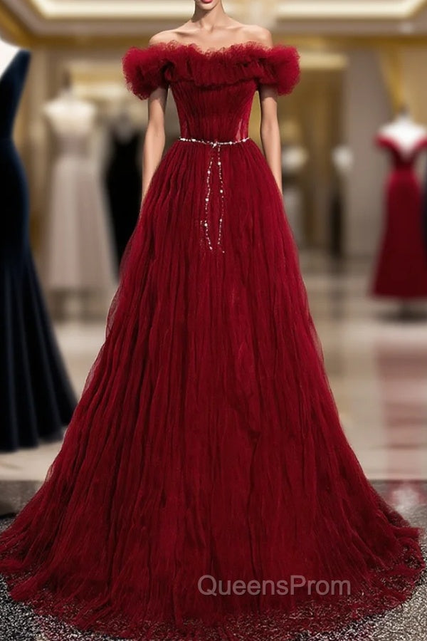 Burgundy Tulle Off Shoulder Long Evening Prom Dress, Burgundy Evening Dress Main image