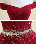 Burgundy Tulle Off Shoulder Long Classy Prom Dress, Burgundy Classy Evening Dress