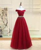 Burgundy Tulle Off Shoulder Long Classy Prom Dress, Burgundy Classy Evening Dress