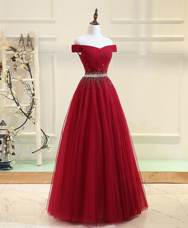 Burgundy Tulle Off Shoulder Long Classy Prom Dress, Burgundy Classy Evening Dress