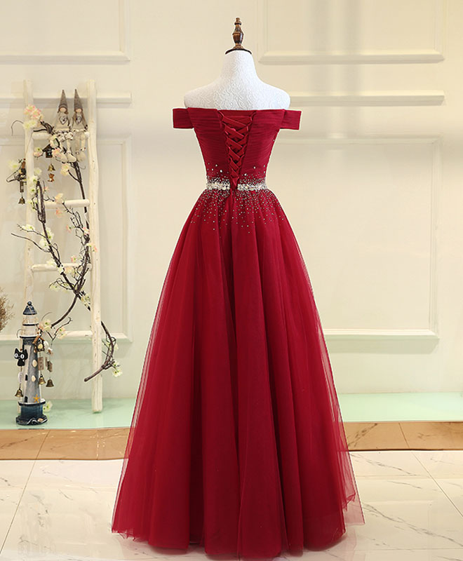 Burgundy Tulle Off Shoulder Long Classy Prom Dress, Burgundy Classy Evening Dress