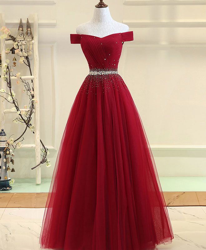 Burgundy Tulle Off Shoulder Long Classy Prom Dress, Burgundy Classy Evening Dress Main image