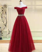 Burgundy Tulle Off Shoulder Long Classy Prom Dress, Burgundy Classy Evening Dress