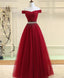 Burgundy Tulle Off Shoulder Long Classy Prom Dress, Burgundy Classy Evening Dress