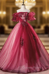 Burgundy Tulle Off the Shoulder Appliques Beading Quinceanera Dress
