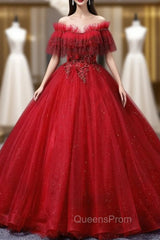 Burgundy Tulle Off the Shoulder Beading Appliques Quinceanera Dress